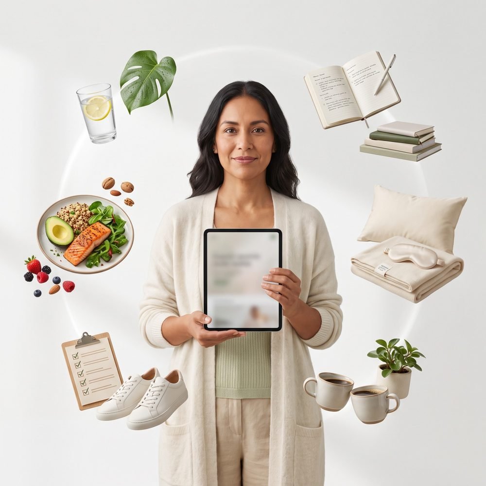 Persona rodeada de elementos de bienestar, nutrición, hábitos y descanso, sosteniendo una tablet con una guía Vive